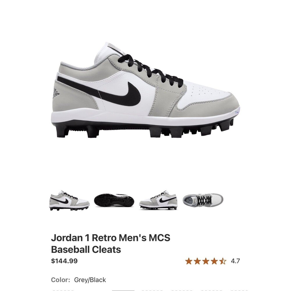 Nike Air Jordan 1 Retro Cleats Low Light Smoke Grey White Black CJ8524-012 sz 8